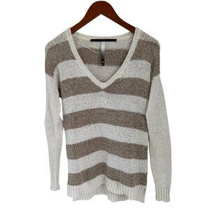 KENSIE Sweater Women's Small Beige Tan Striped Long Sleeve V-Neck Open Knit
